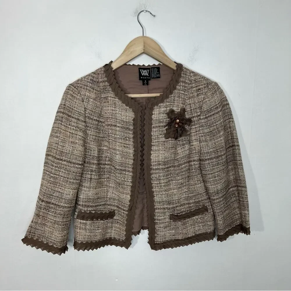 Worth Tan Linen Blend Ribbon Accent Brooch Trim Blazer Size 8